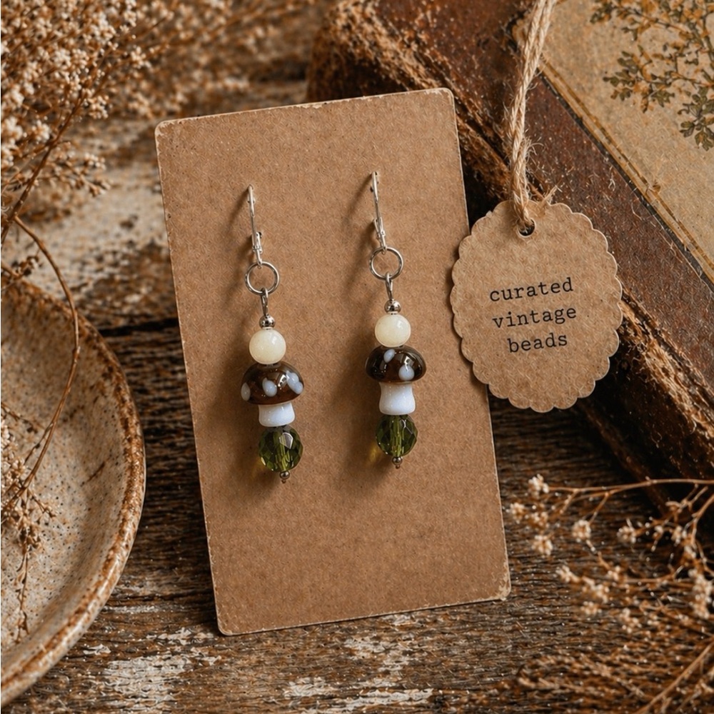 Artisan Glass Mushroom Earrings Vintage Beads Dangles Cottagecore Whimsy